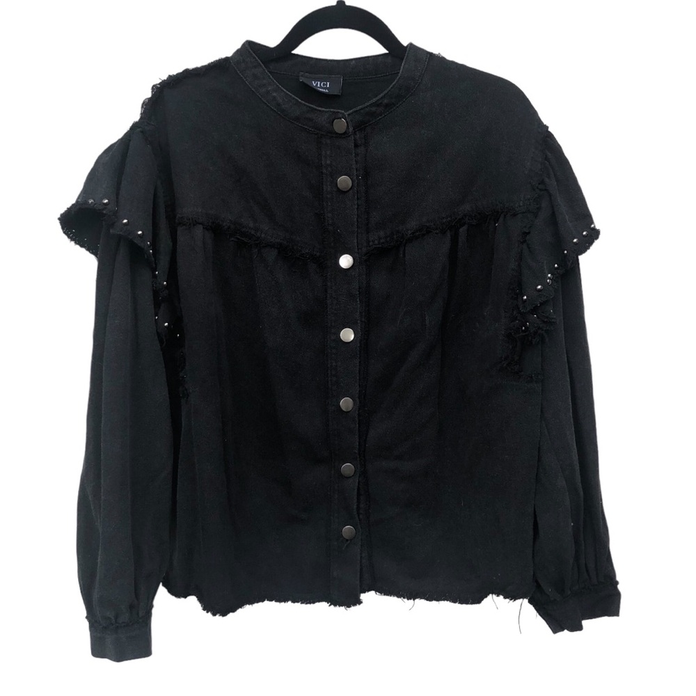 Vici Black Denim Studded Ruffle Shoulders size XS - Picture 1 of 7